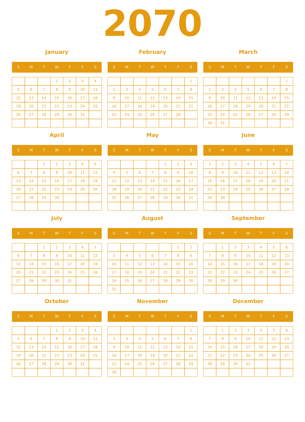 Printable 2070 Year Calendars gamboge