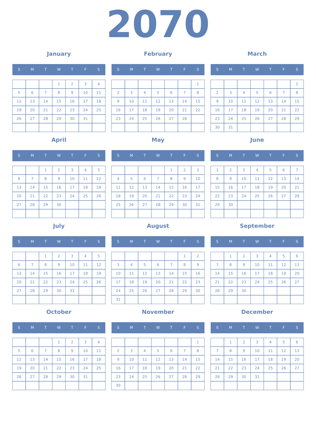 Printable 2070 Year Calendars glaucous