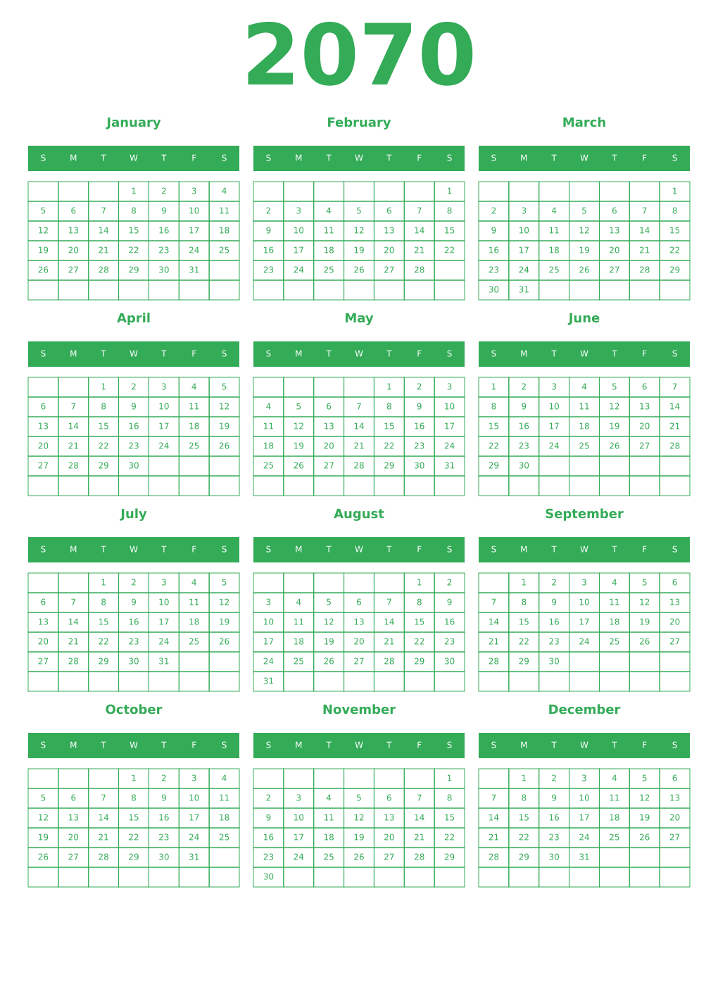 Printable 2070 Year Calendars green