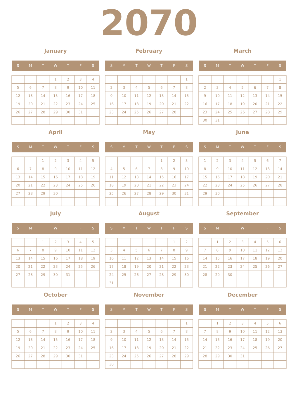 Printable 2070 Year Calendars isabelline