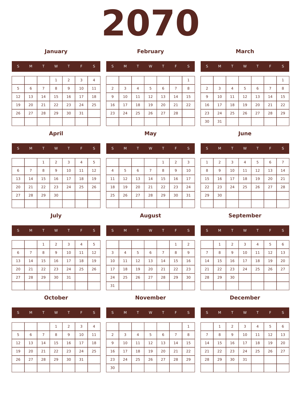 Printable 2070 Year Calendars mortuum