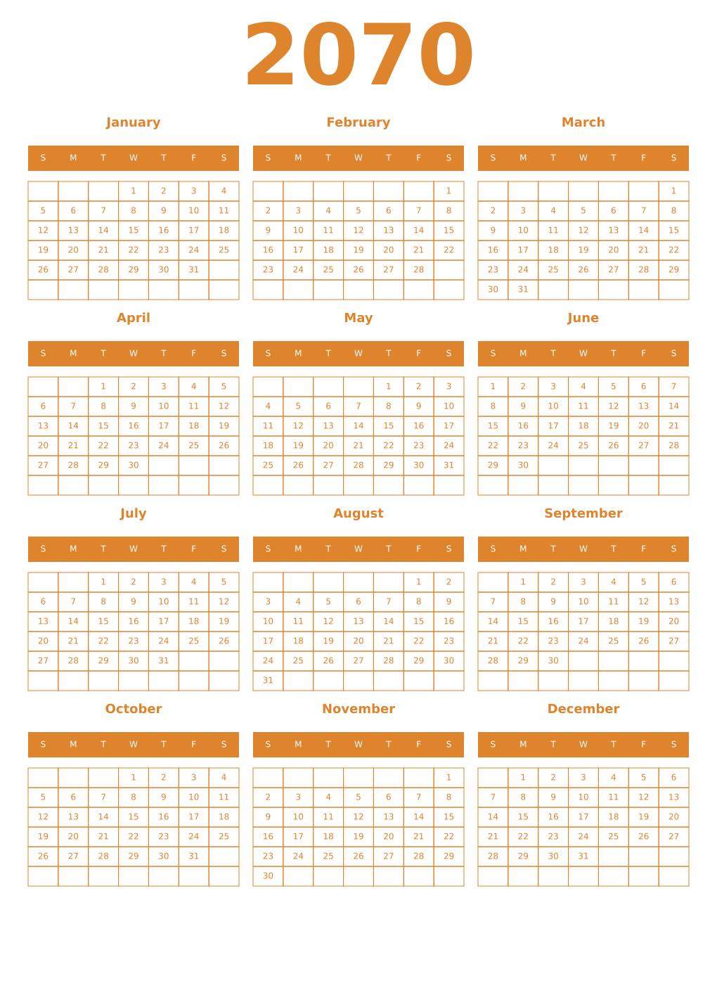 Printable 2070 Year Calendars orange