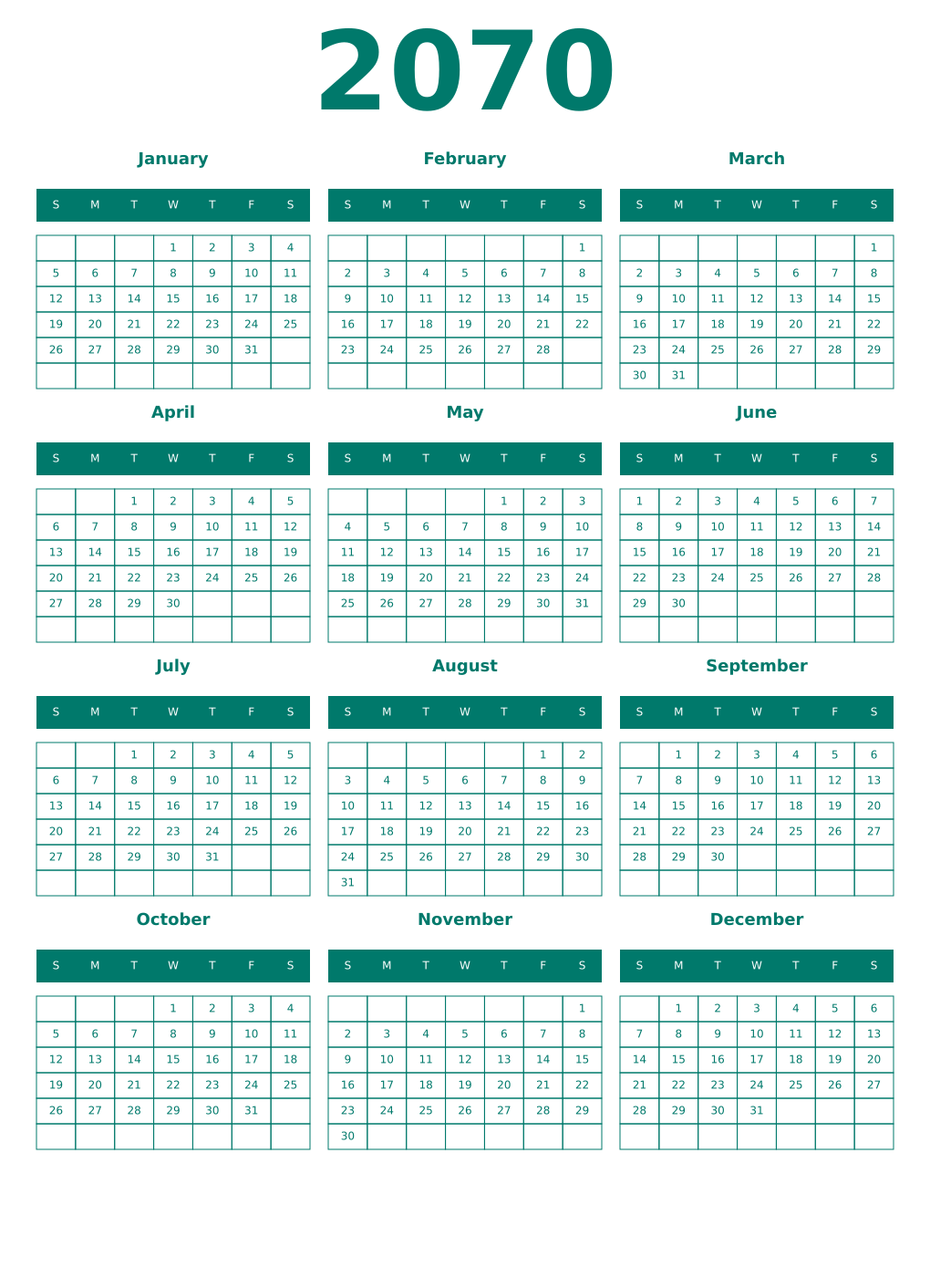 Printable 2070 Year Calendars pastel