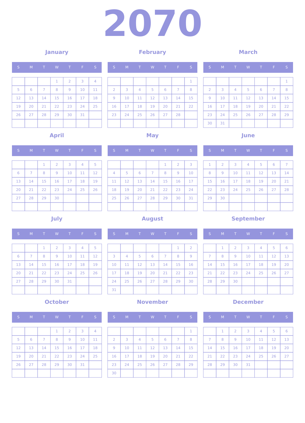 Printable 2070 Year Calendars periwinkle