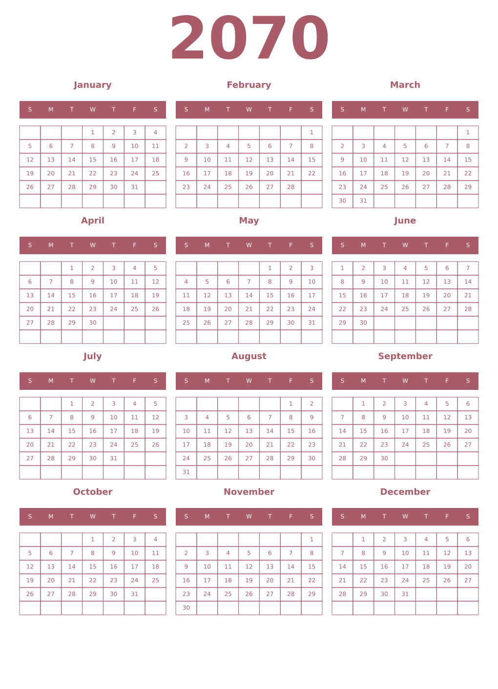 Printable 2070 Year Calendars puce