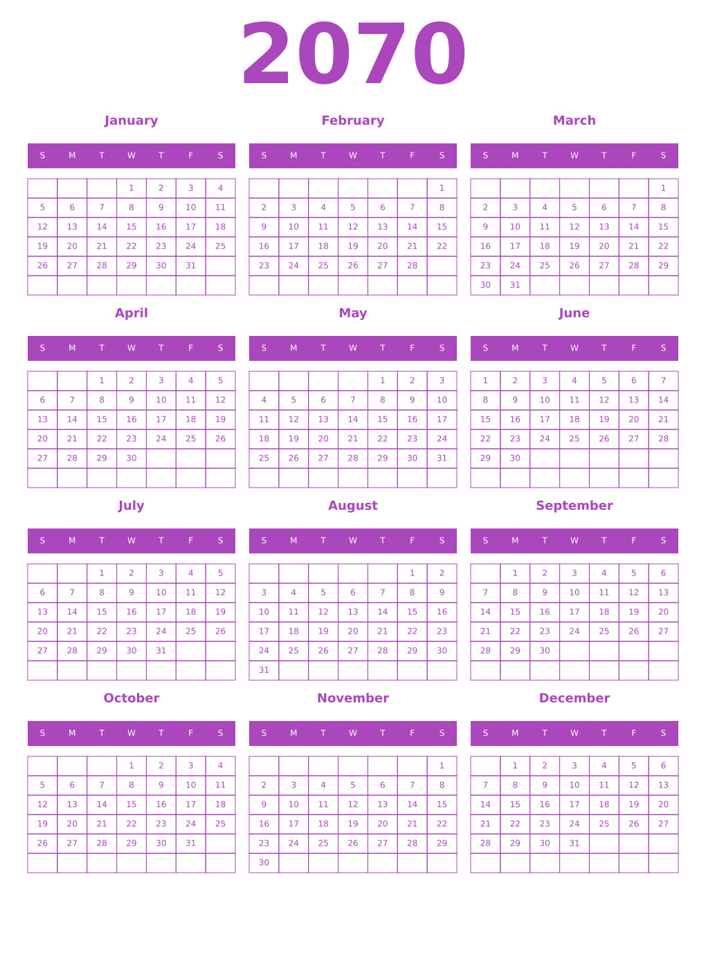 Printable 2070 Year Calendars purple