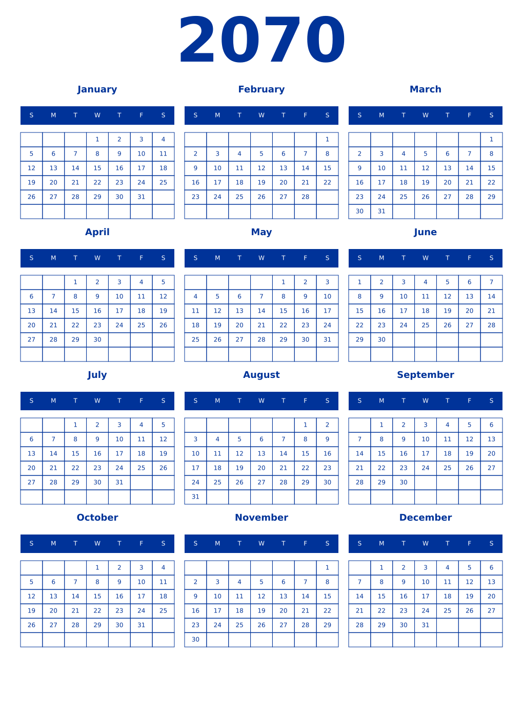 Printable 2070 Year Calendars smalt