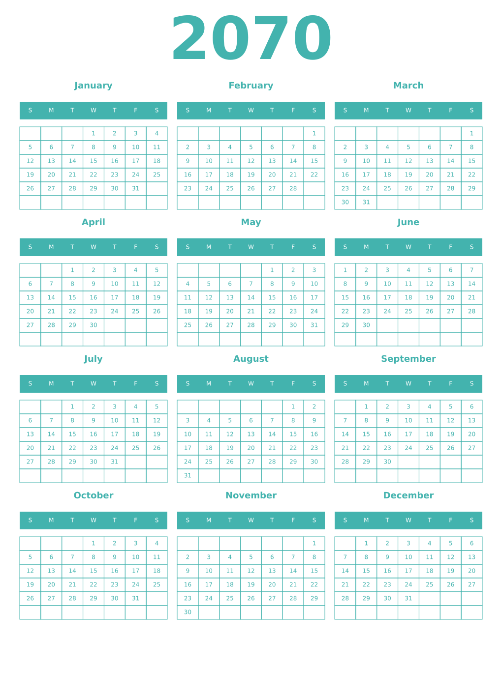 Printable 2070 Year Calendars verdigris