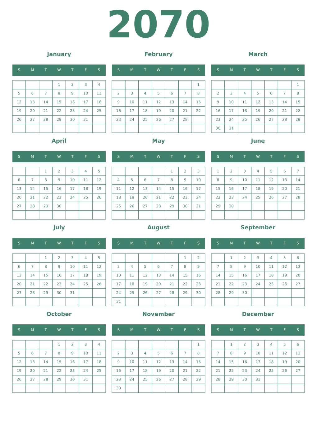 Printable 2070 Year Calendars viridian
