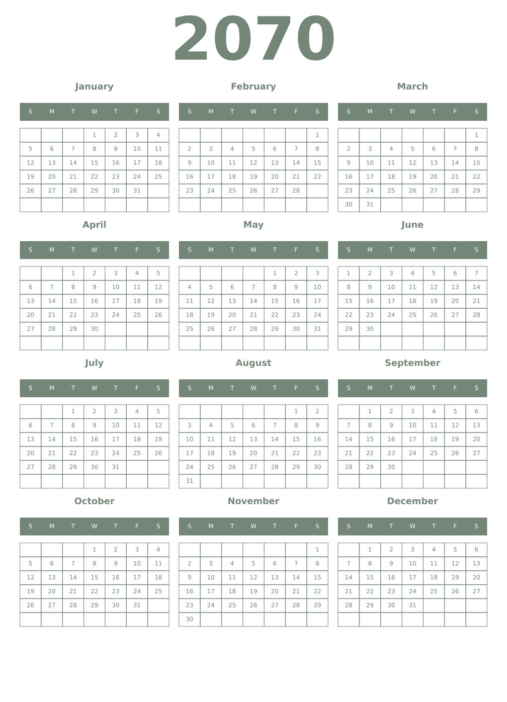 Printable 2070 Year Calendars xanadu
