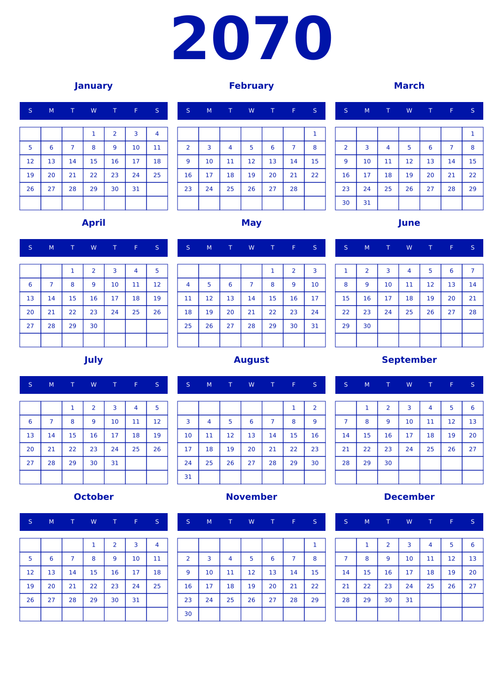 Printable 2070 Year Calendars zaffre