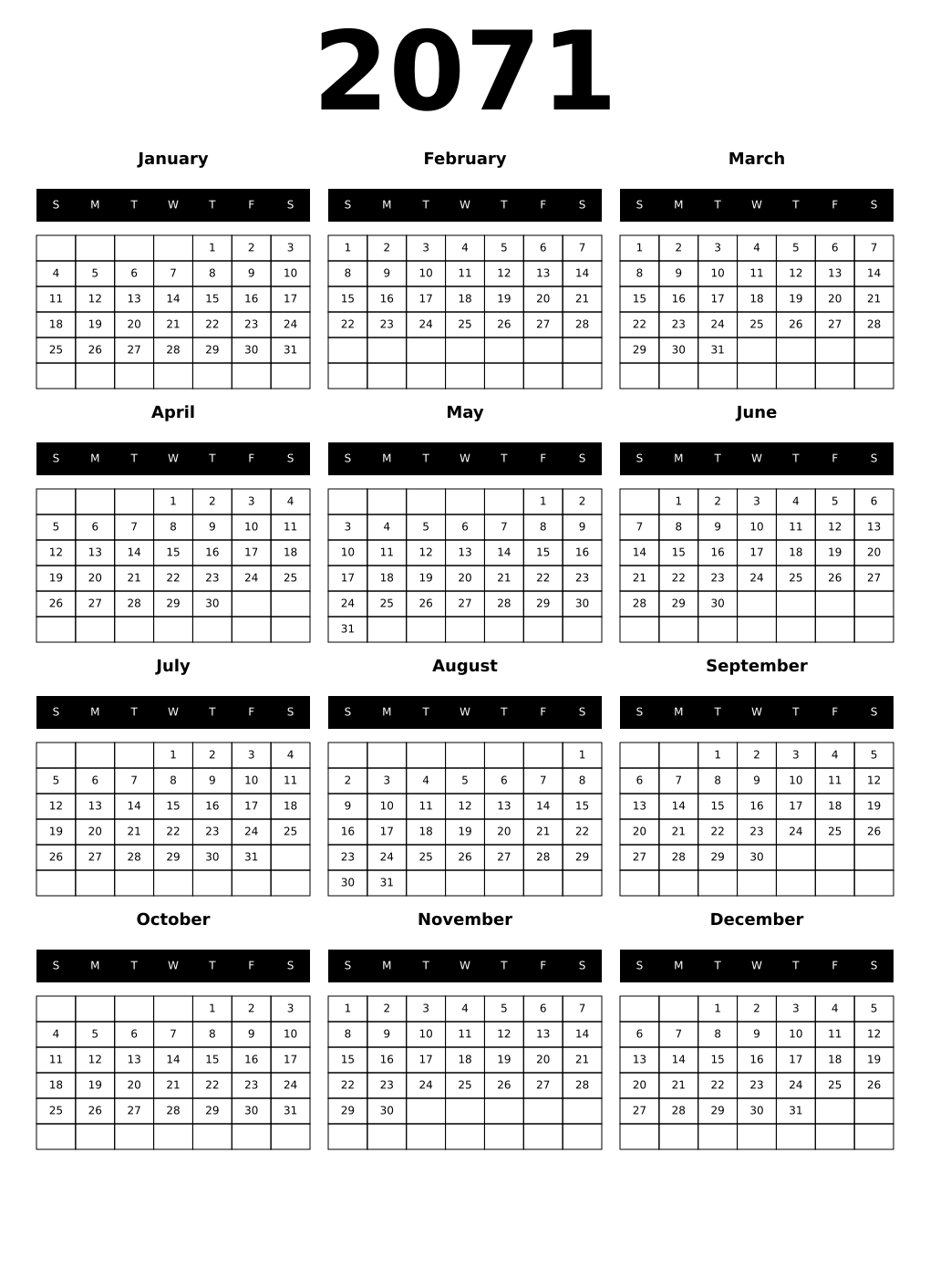 Printable 2071 Year Calendars black