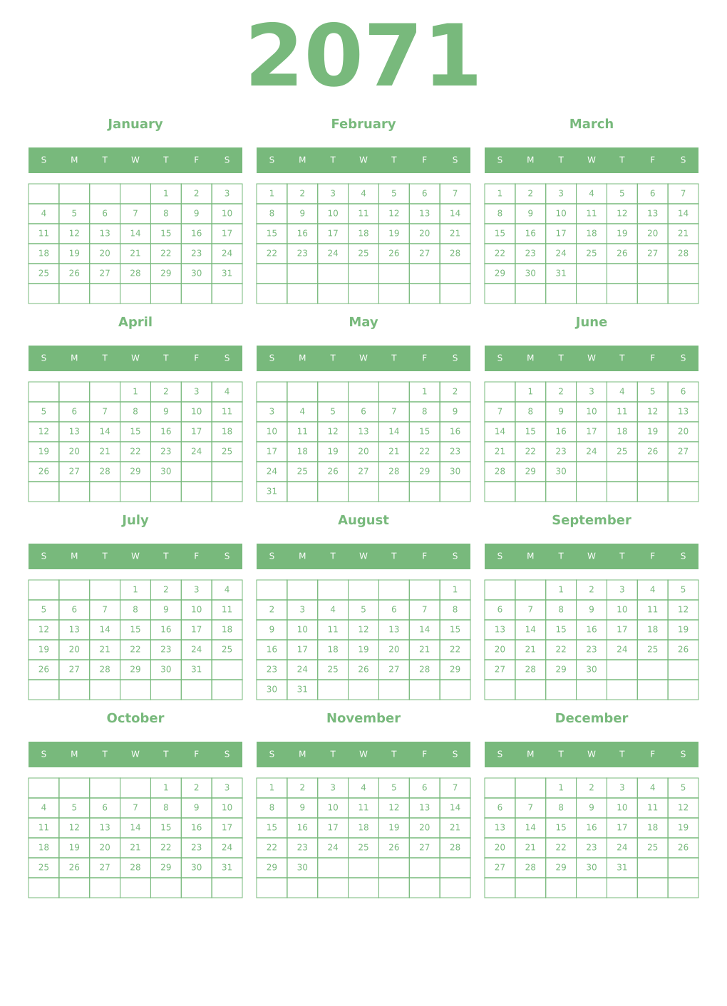 Printable 2071 Year Calendars celadon