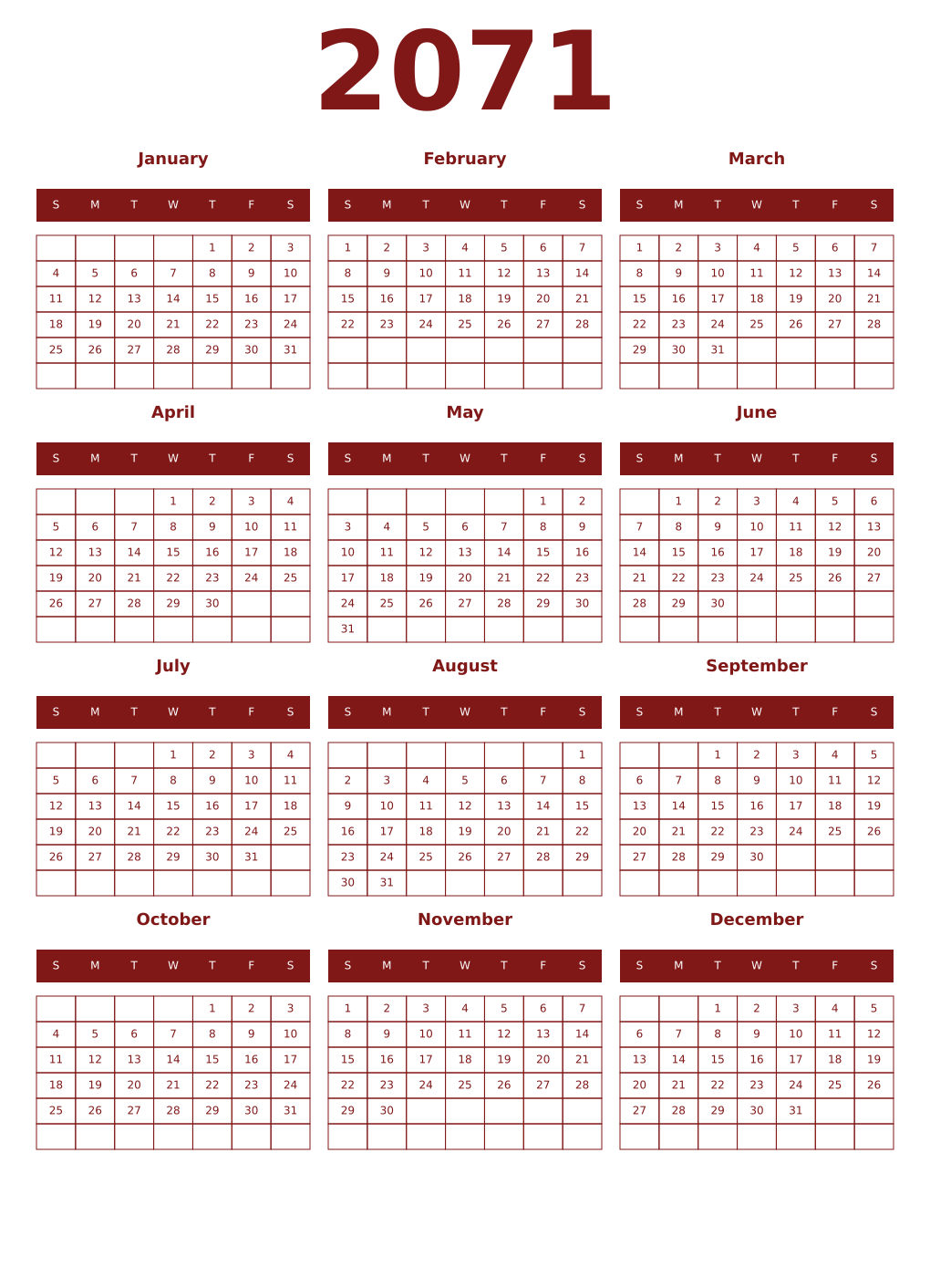 Printable 2071 Year Calendars falu