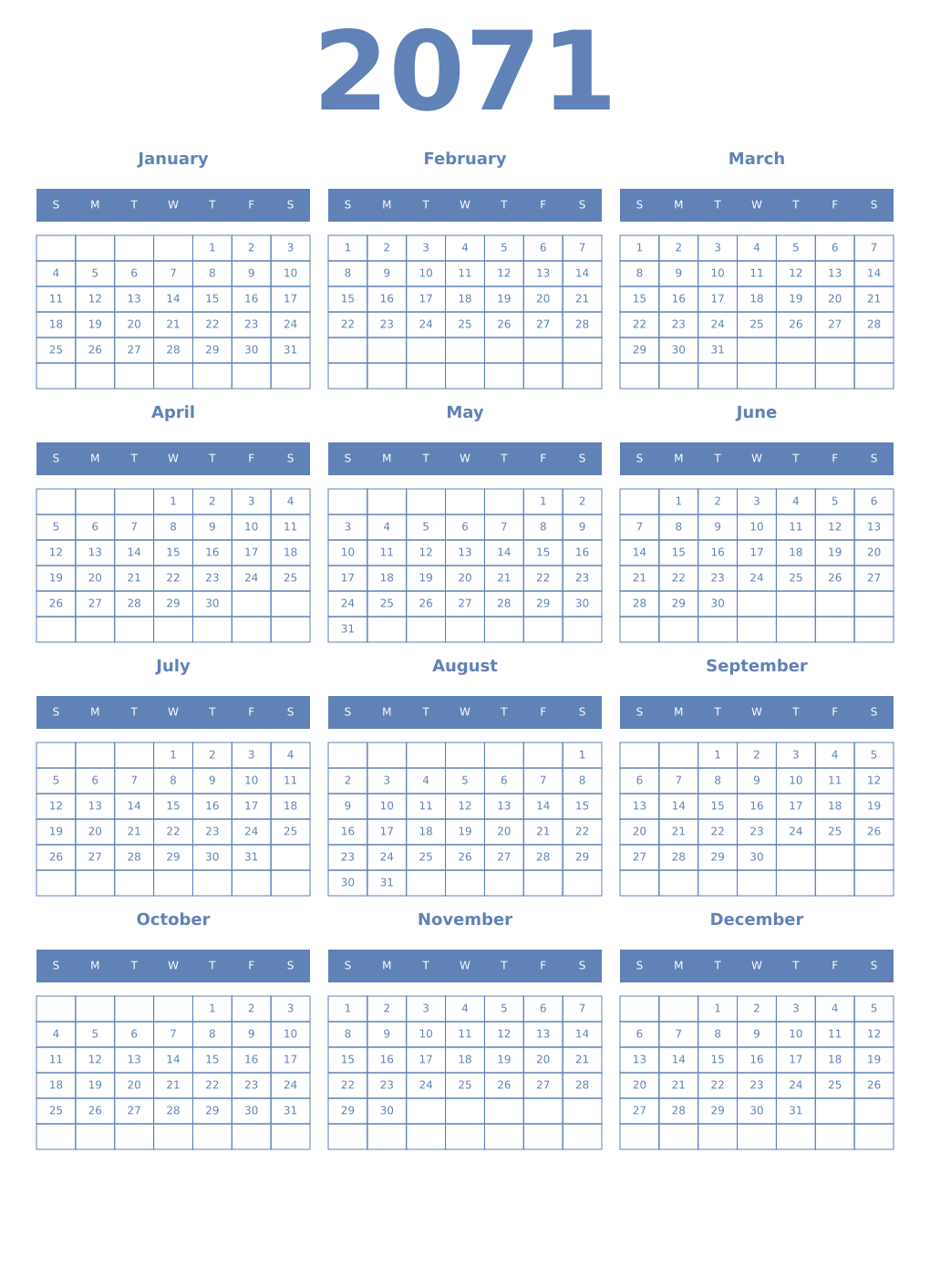 Printable 2071 Year Calendars glaucous