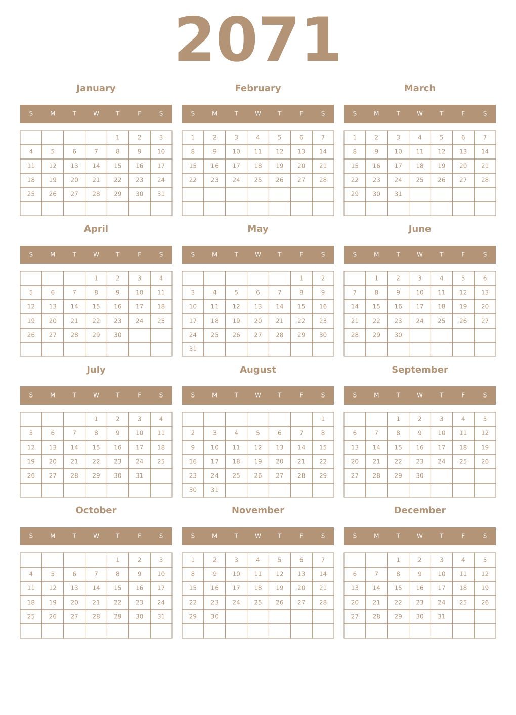 Printable 2071 Year Calendars isabelline