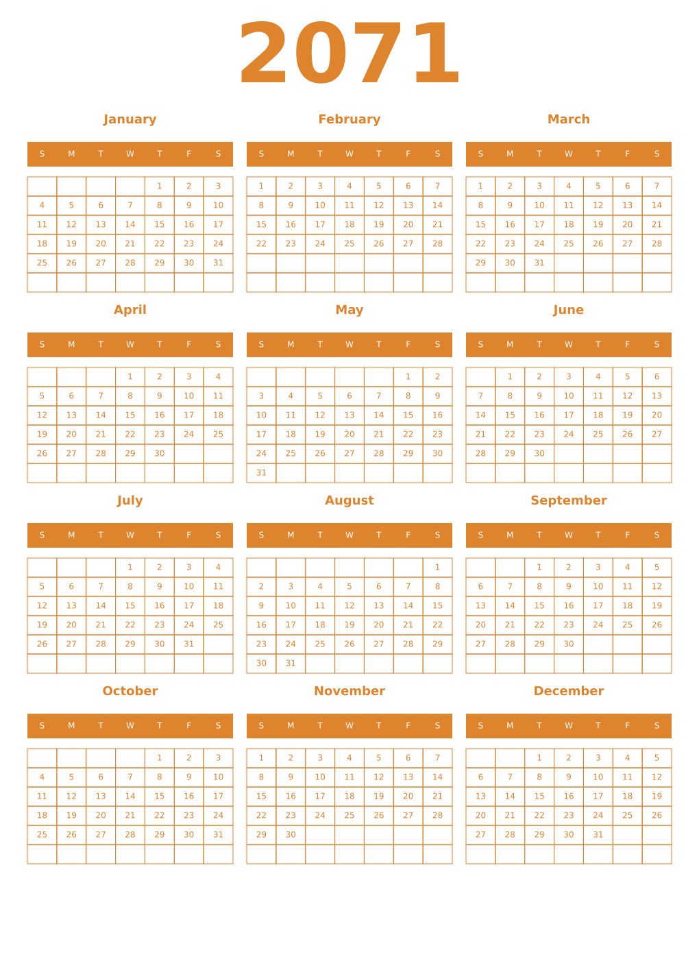 Printable 2071 Year Calendars orange