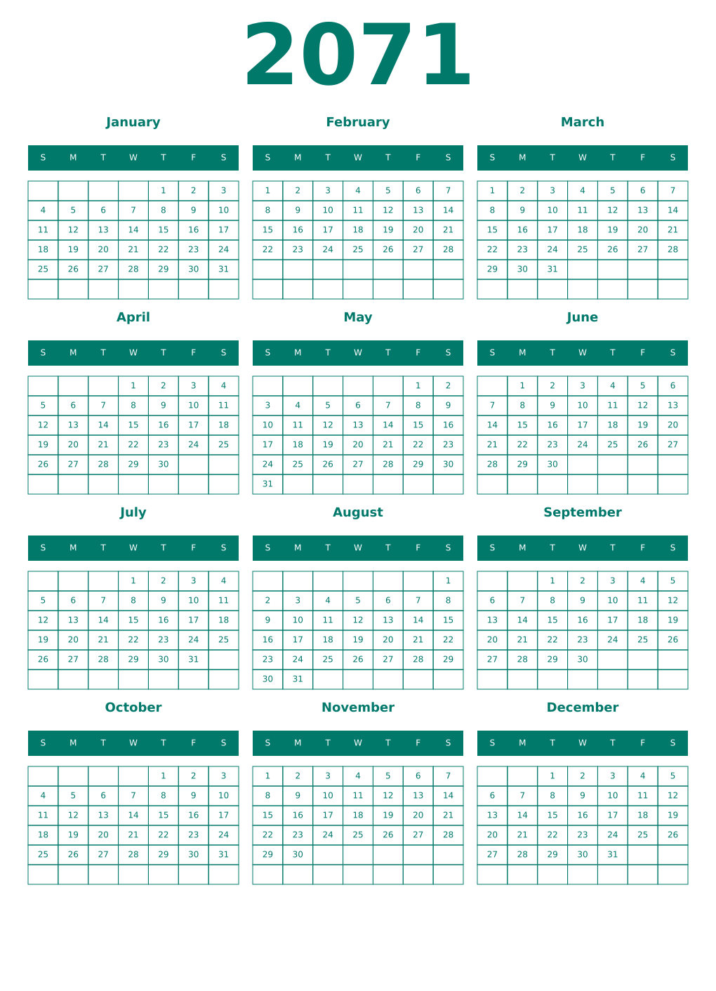 Printable 2071 Year Calendars pastel