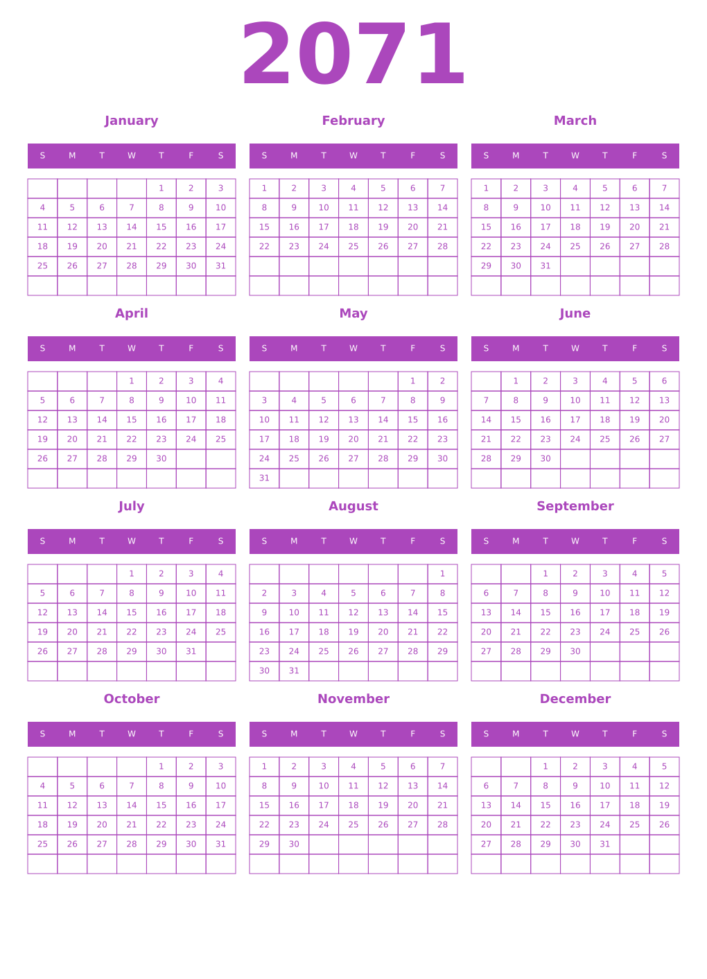 Printable 2071 Year Calendars purple