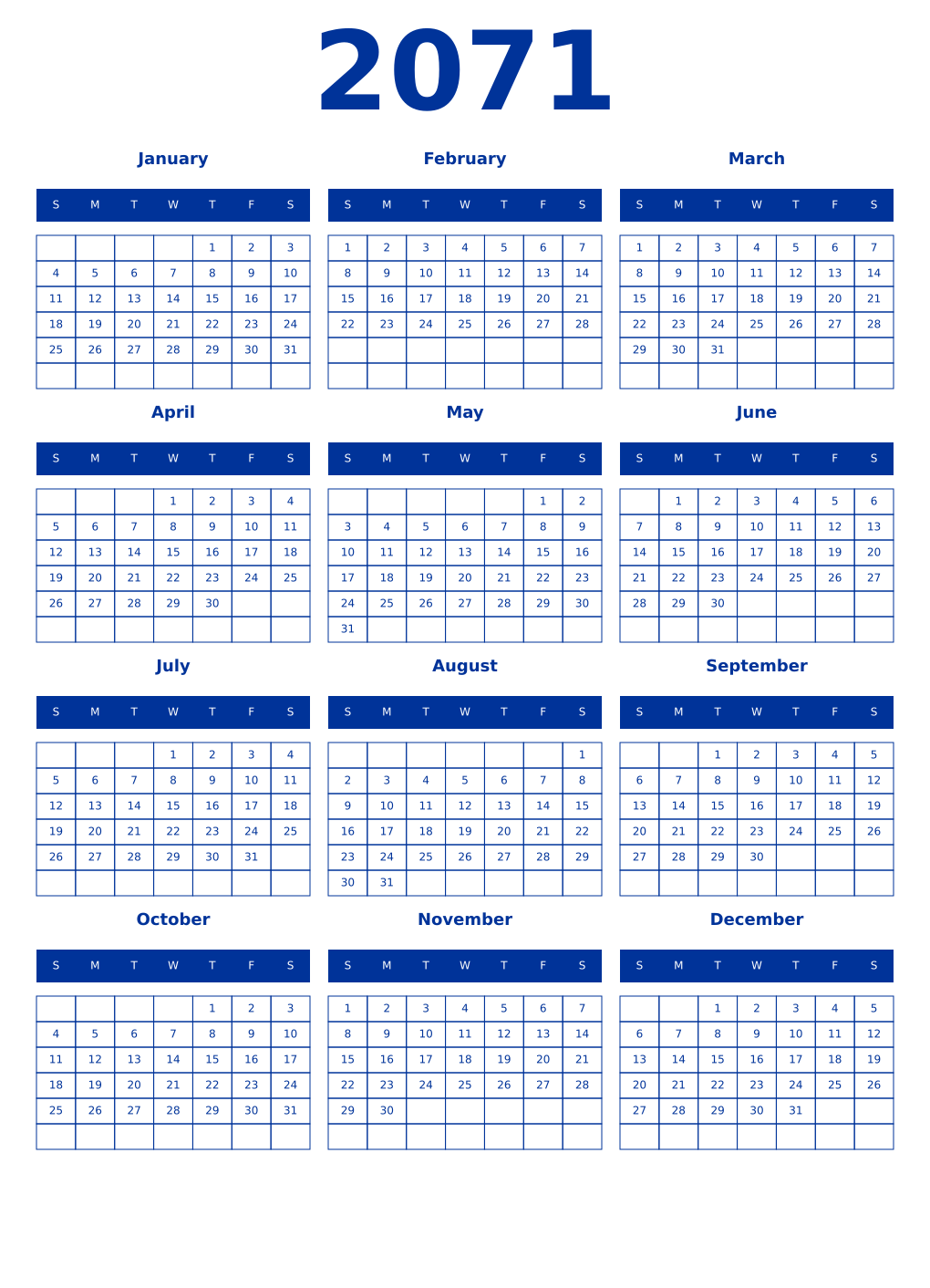 Printable 2071 Year Calendars smalt