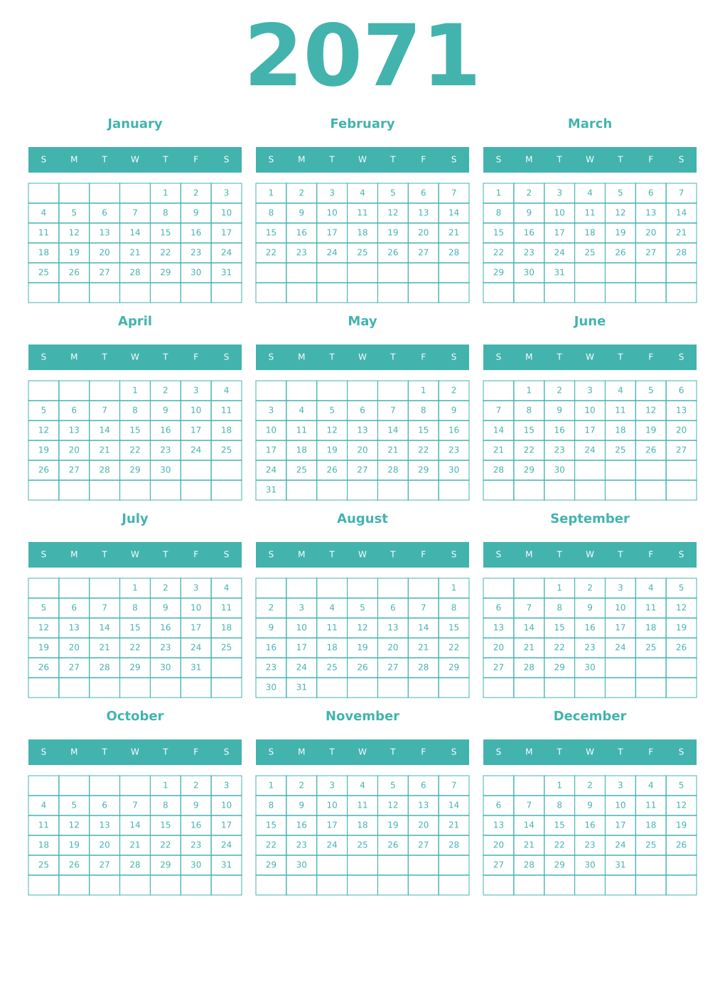 Printable 2071 Year Calendars verdigris