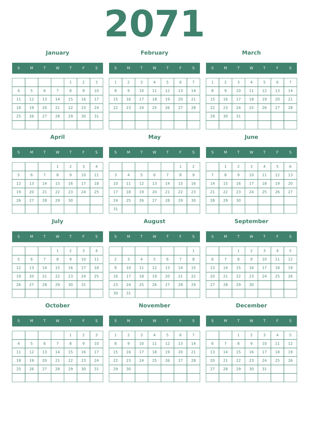 Printable 2071 Year Calendars viridian