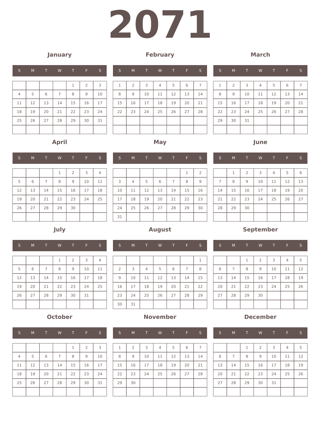 Printable 2071 Year Calendars wenge