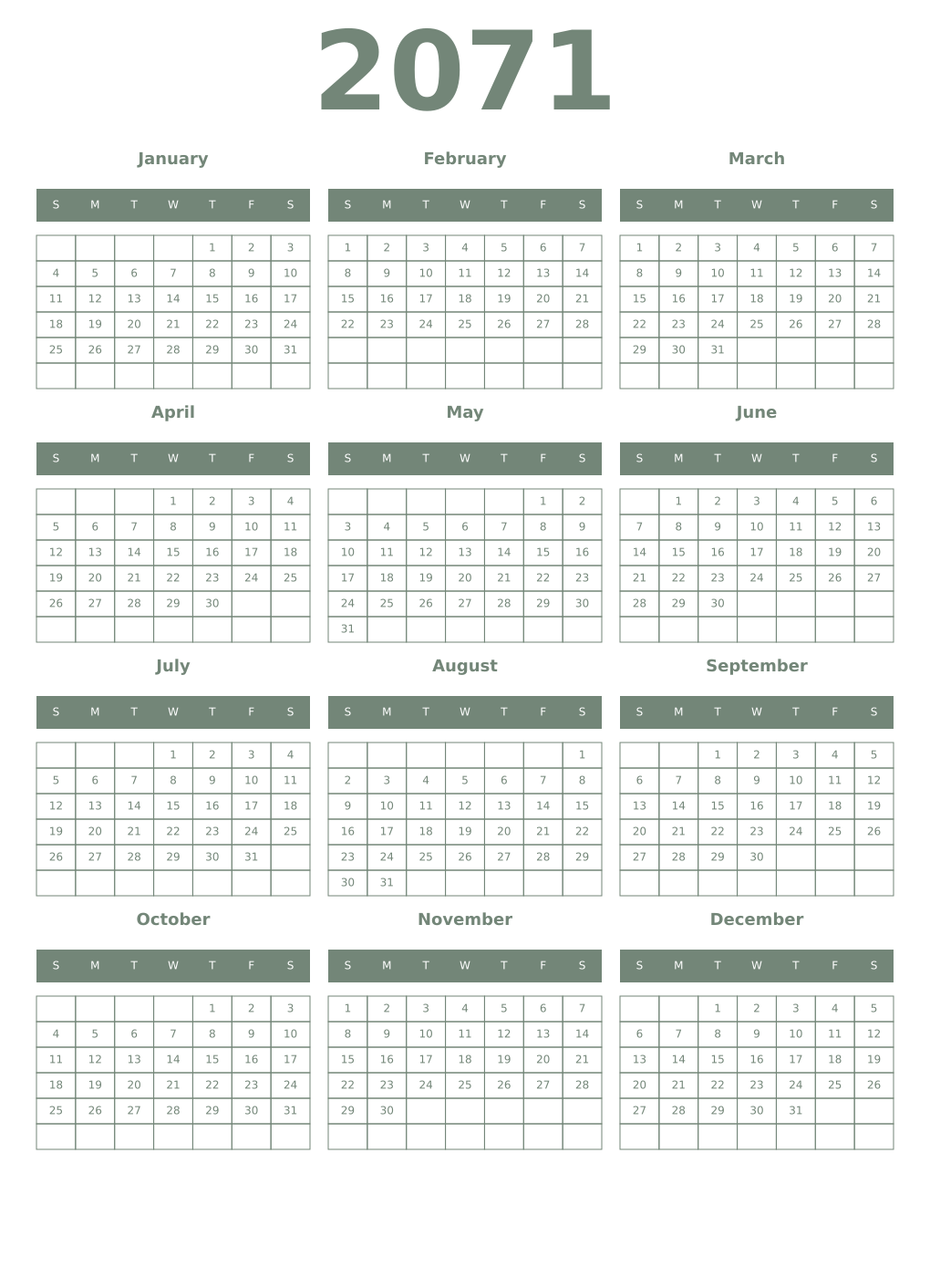 Printable 2071 Year Calendars xanadu
