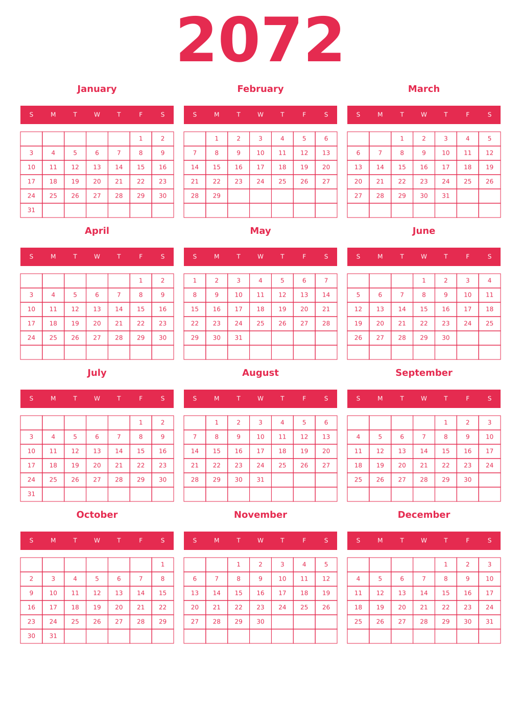 Printable 2072 Year Calendars amaranth