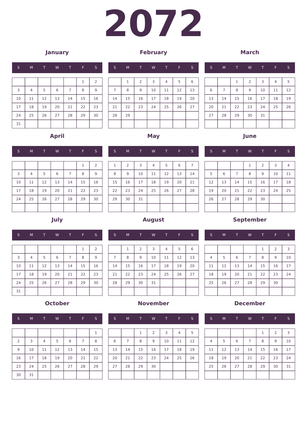 Printable 2072 Year Calendars aubergine