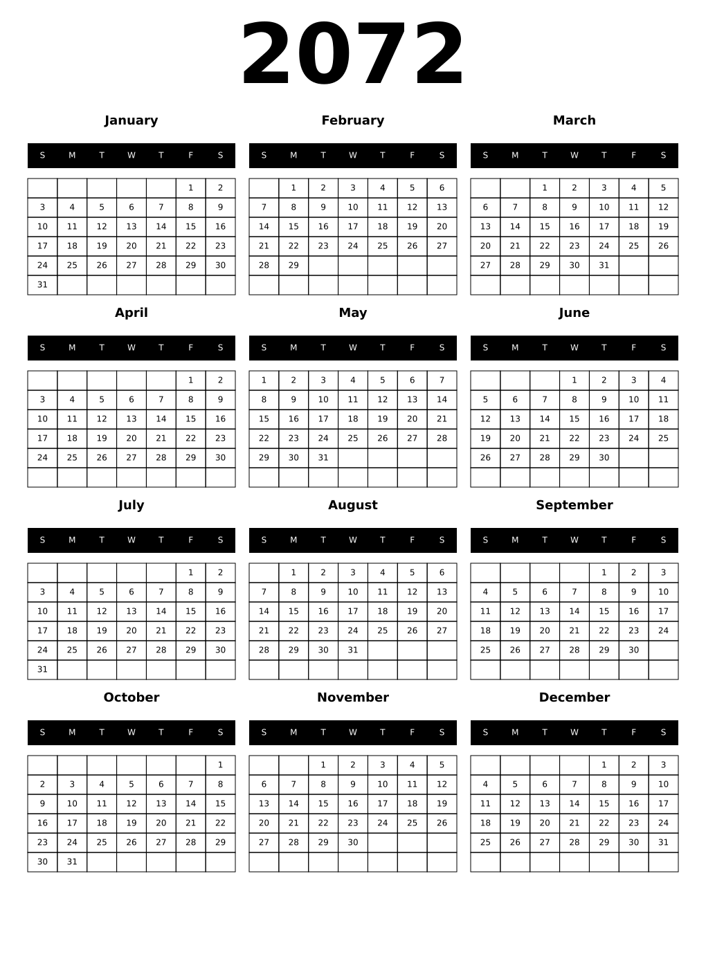 Printable 2072 Year Calendars black
