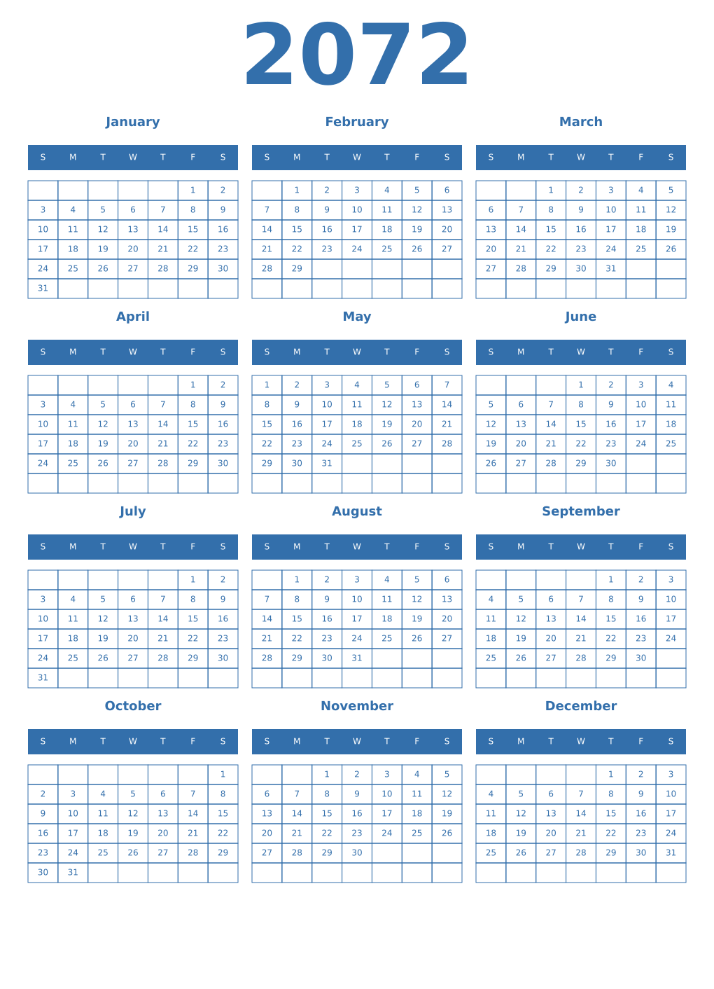Printable 2072 Year Calendars blue