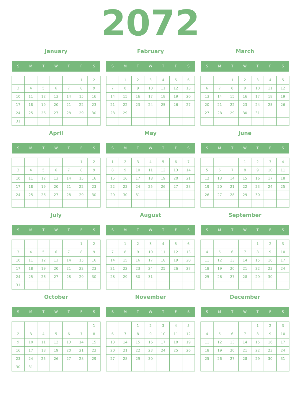 Printable 2072 Year Calendars celadon