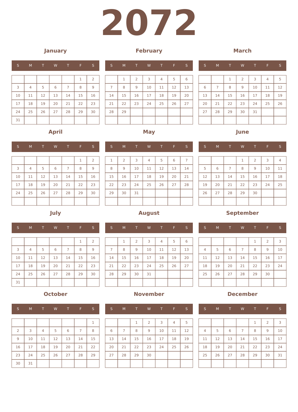 Printable 2072 Year Calendars coffe