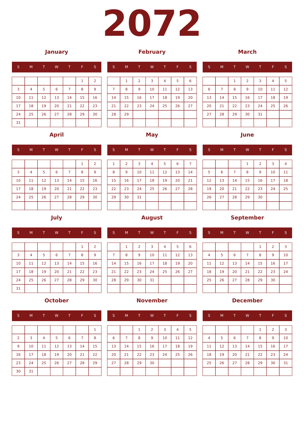 Printable 2072 Year Calendars falu