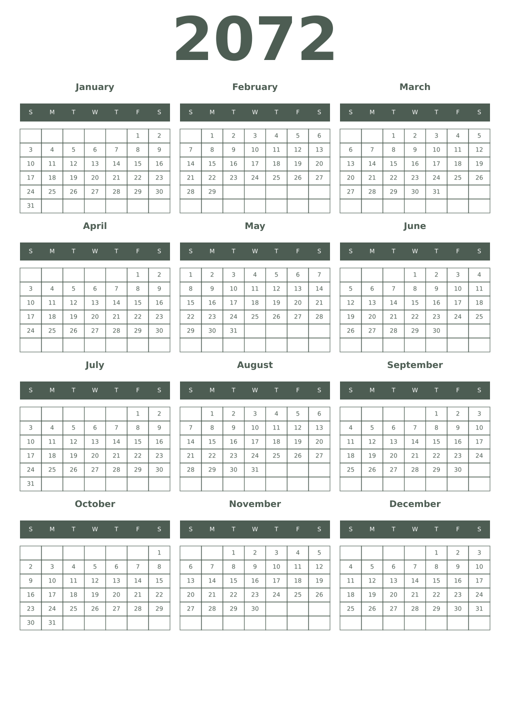 Printable 2072 Year Calendars feldgrau