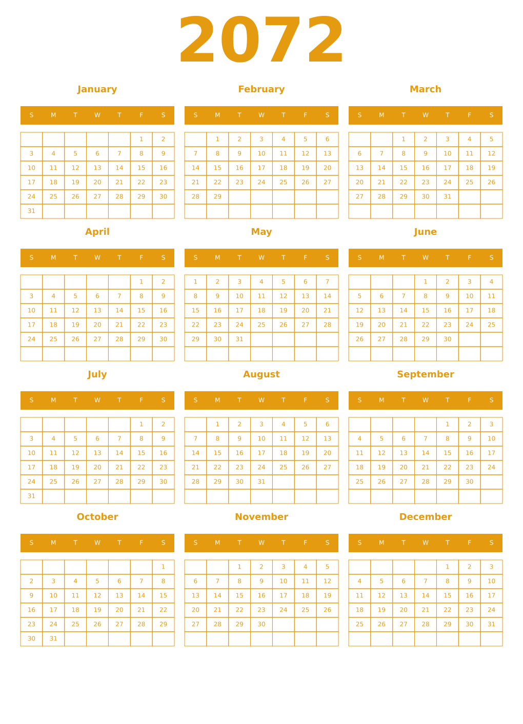 Printable 2072 Year Calendars gamboge