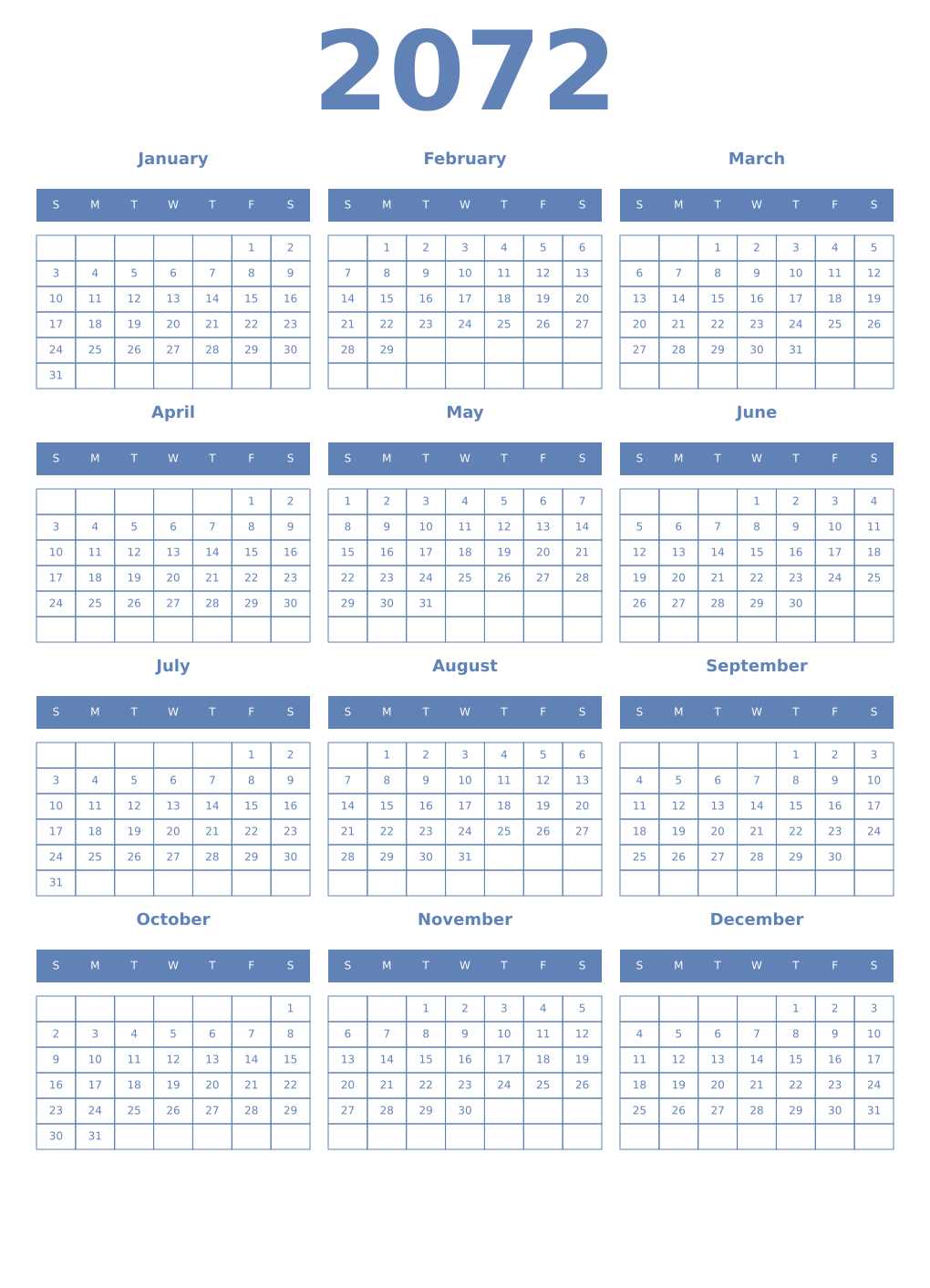Printable 2072 Year Calendars glaucous
