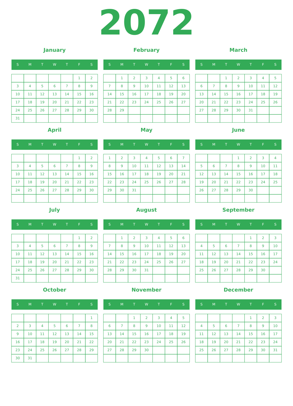 Printable 2072 Year Calendars green