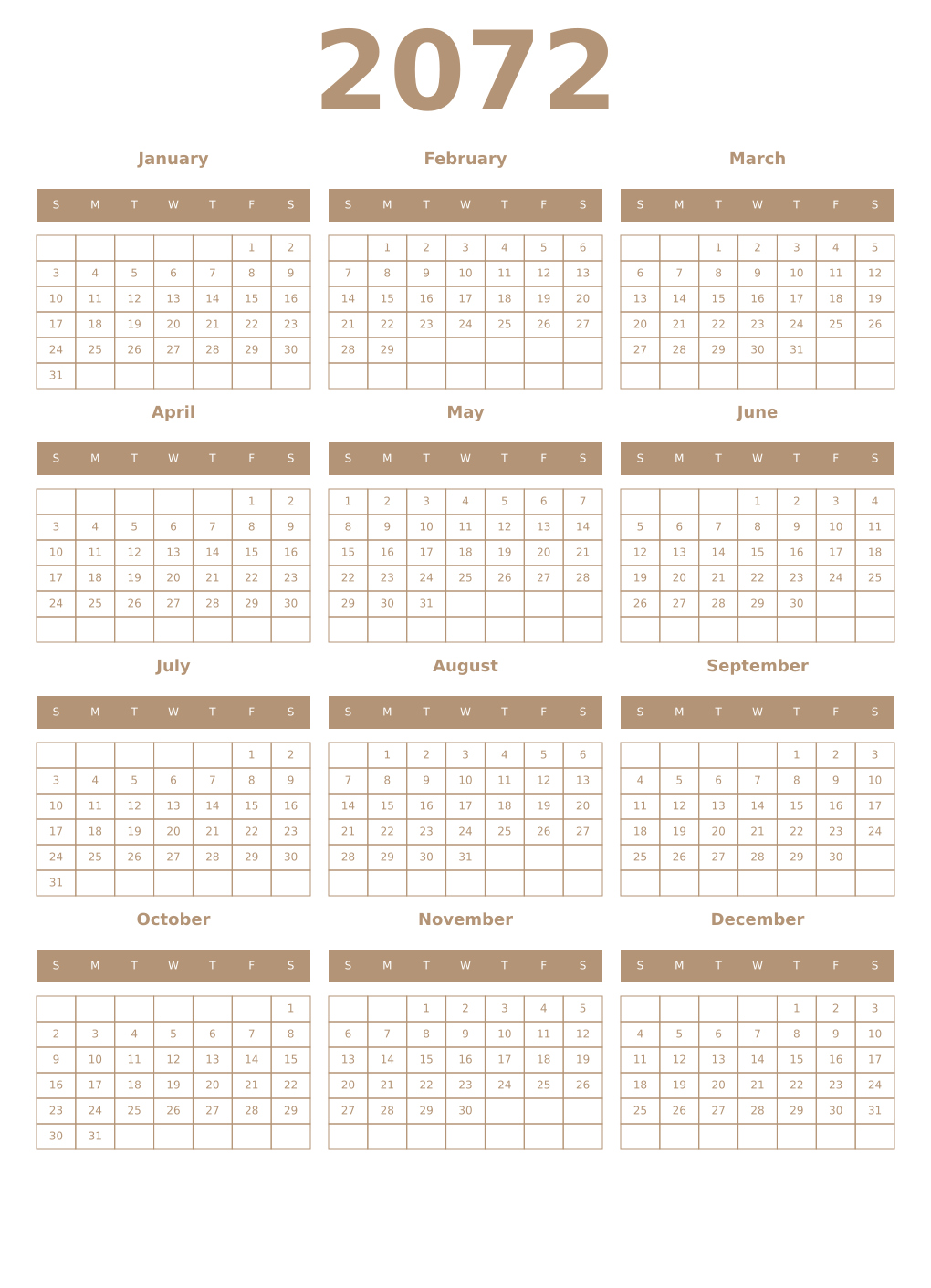 Printable 2072 Year Calendars isabelline