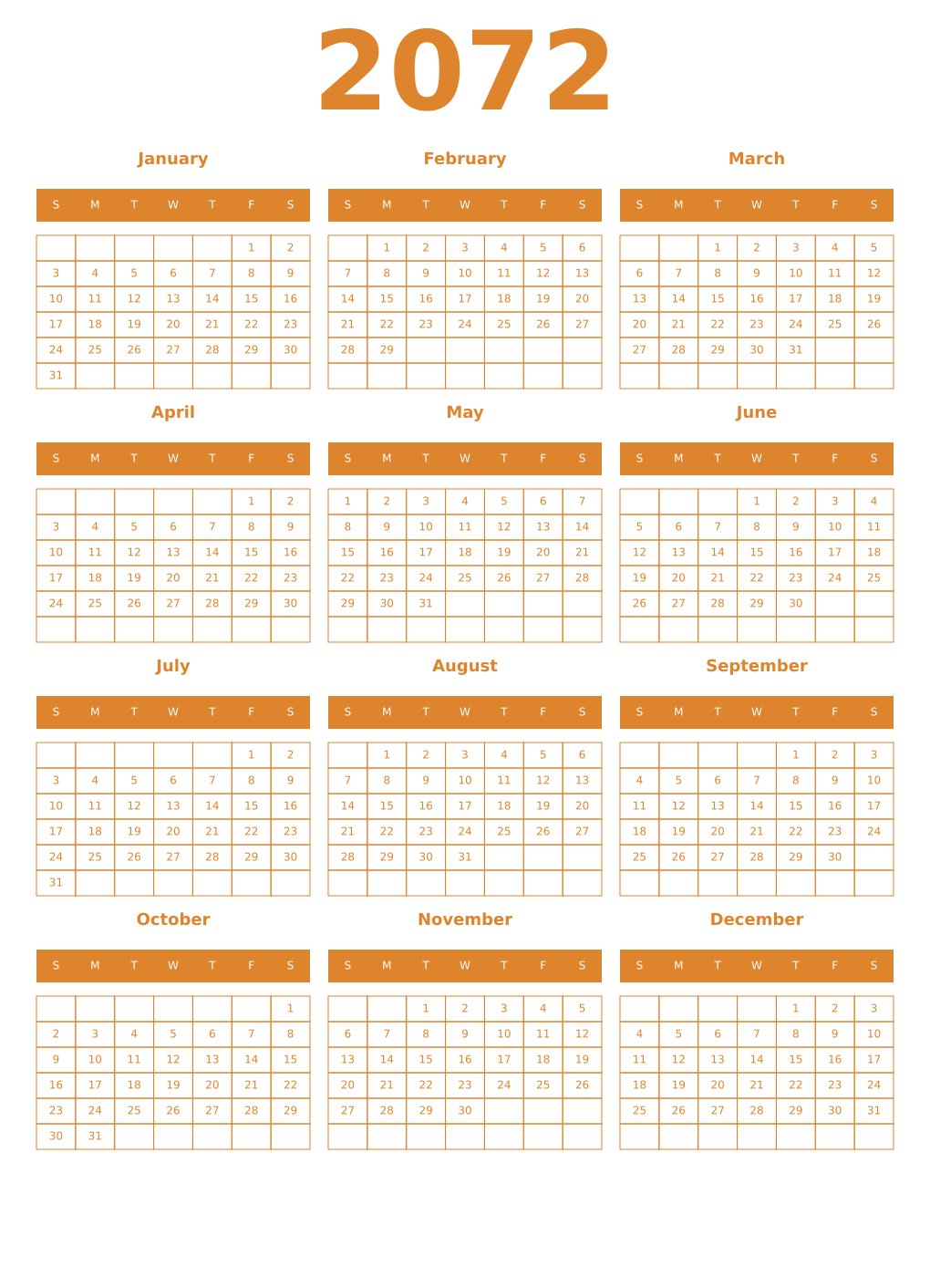 Printable 2072 Year Calendars orange