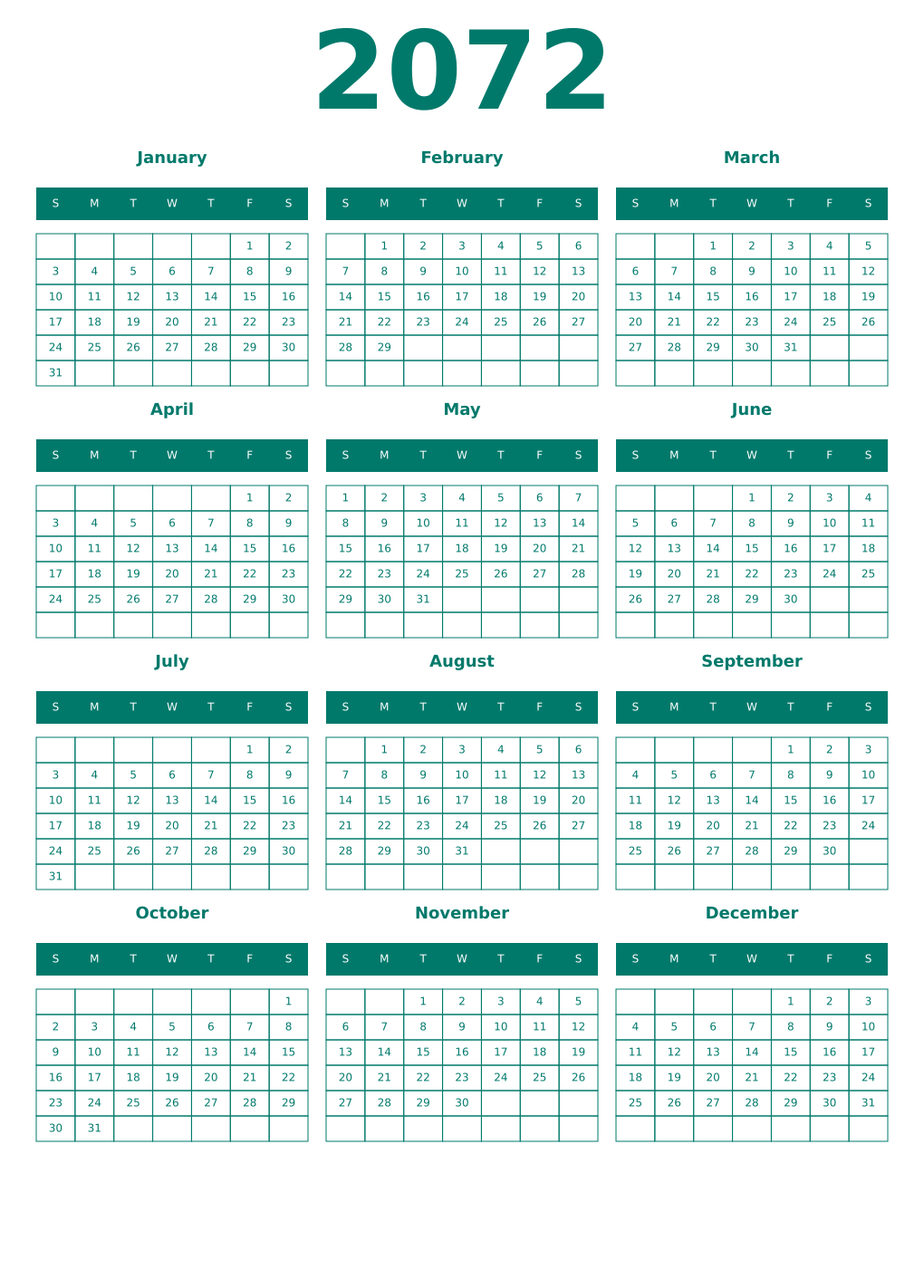 Printable 2072 Year Calendars pastel