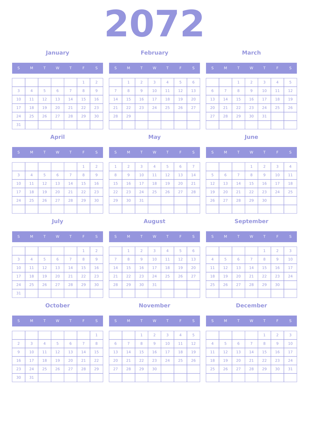 Printable 2072 Year Calendars periwinkle