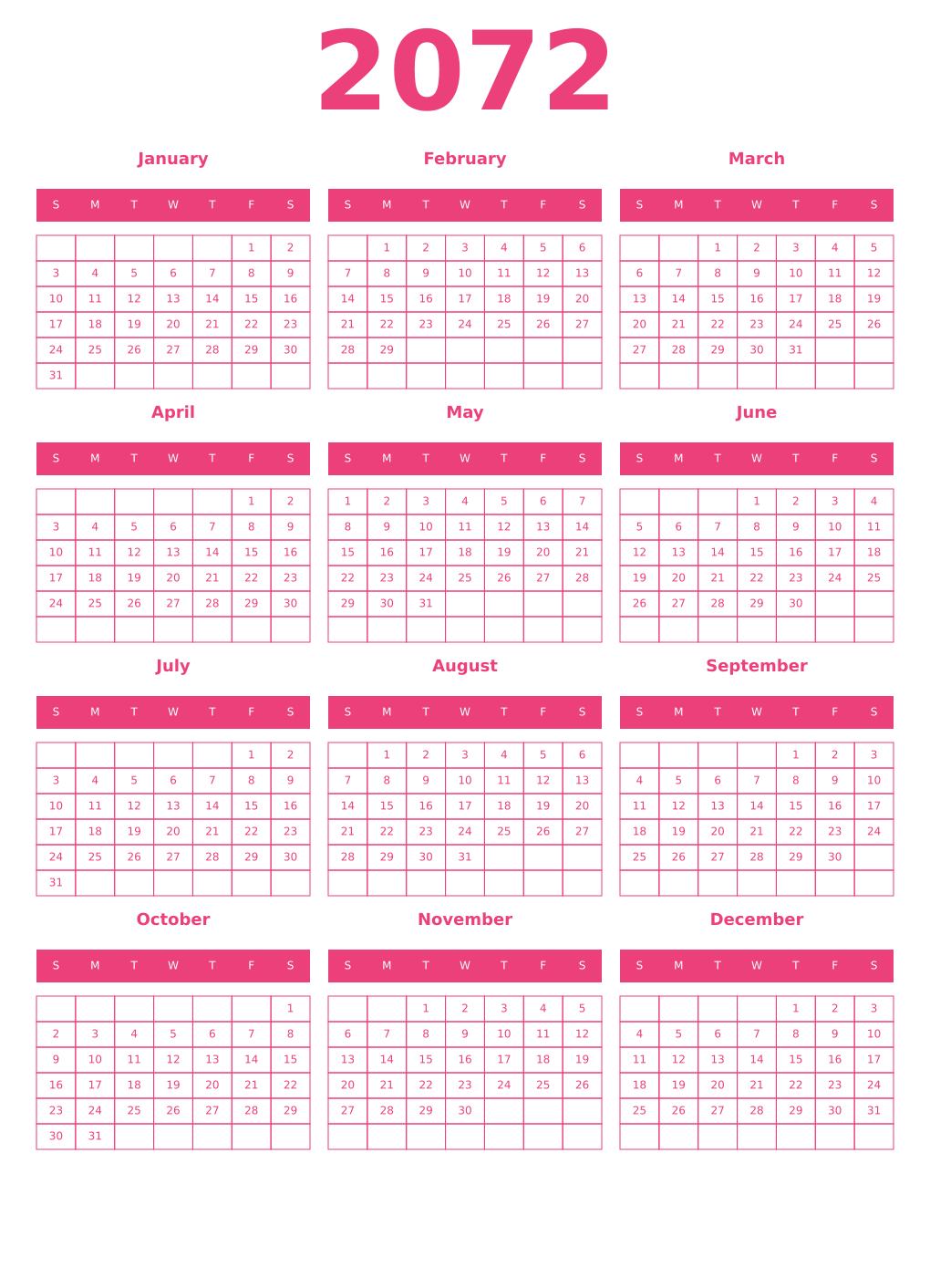 Printable 2072 Year Calendars pink