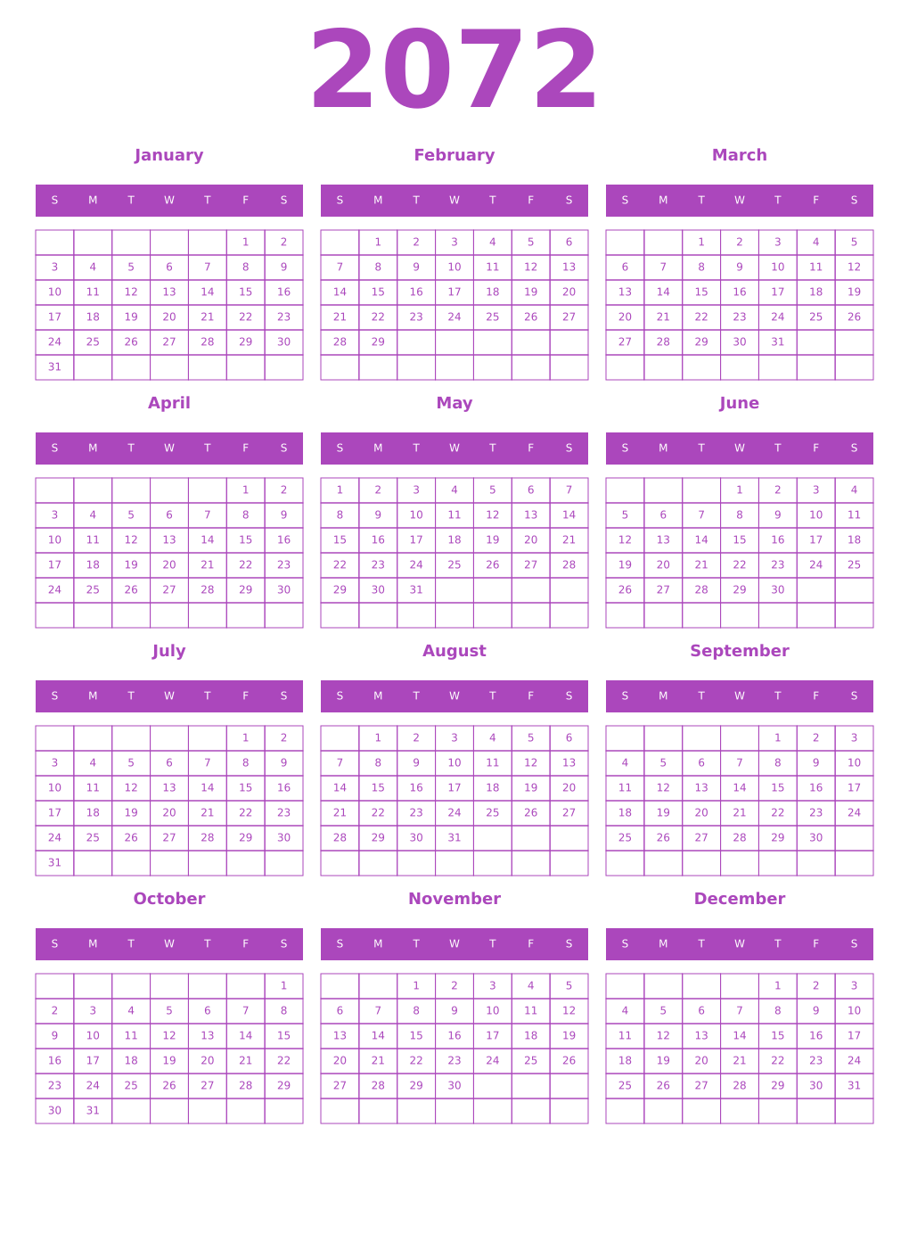Printable 2072 Year Calendars purple