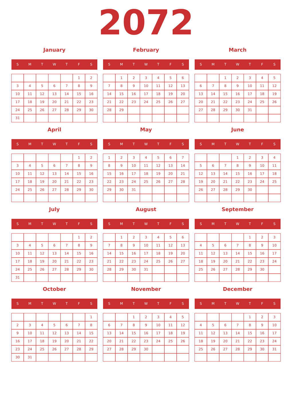 Printable 2072 Year Calendars red