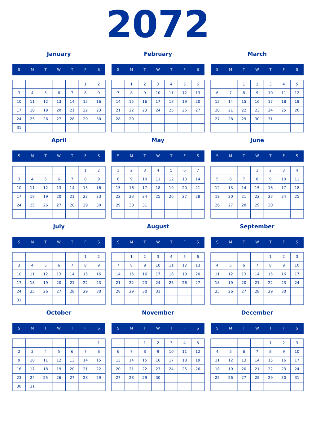 Printable 2072 Year Calendars smalt