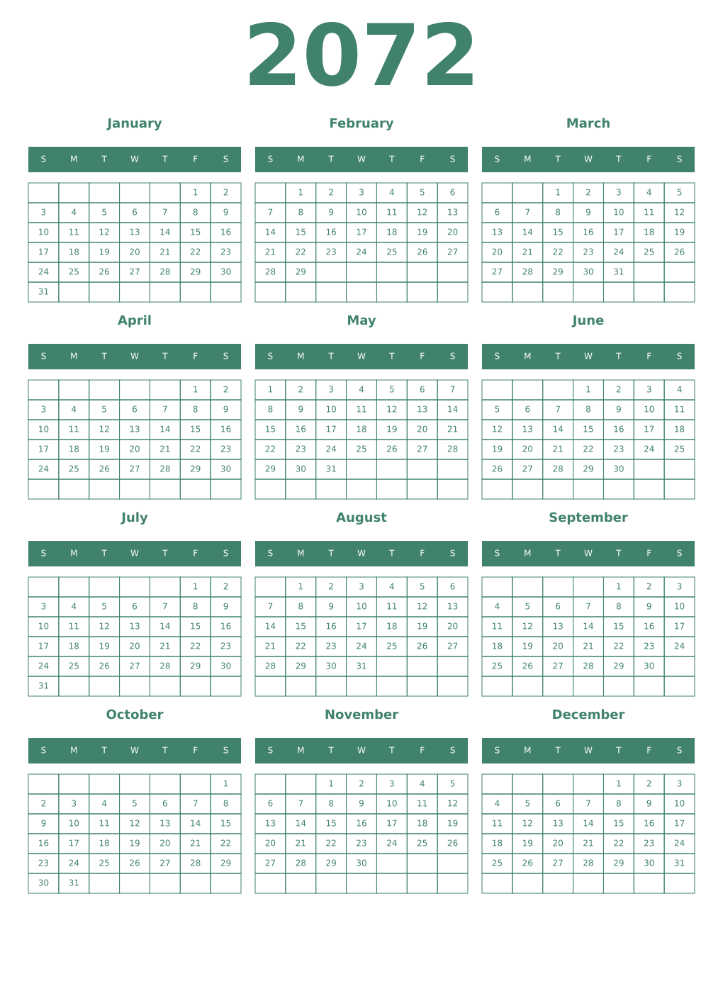 Printable 2072 Year Calendars viridian