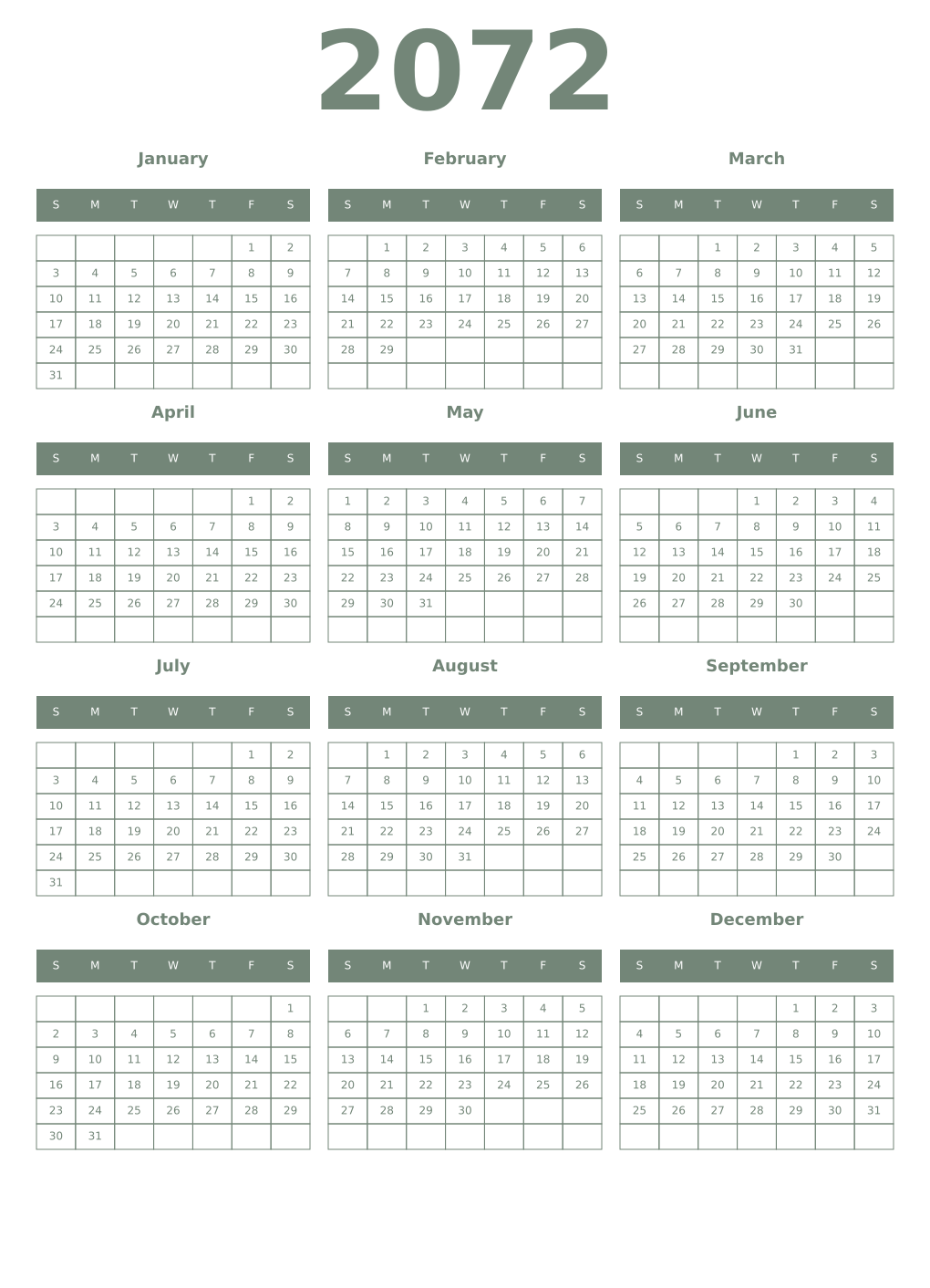 Printable 2072 Year Calendars xanadu