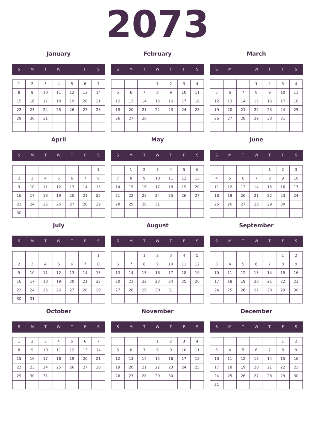 Printable 2073 Year Calendars aubergine